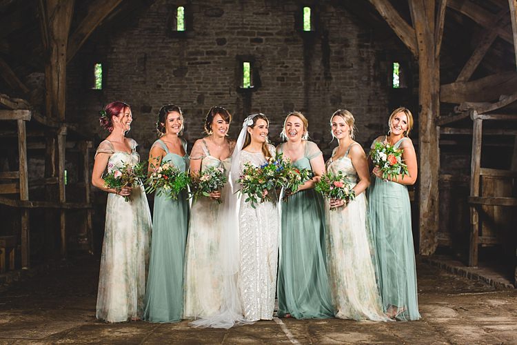 Floral Green Long Bridesmaid Dresses Eclectic Foliage Edison Lights Wedding http://www.tobiahtayo.com/