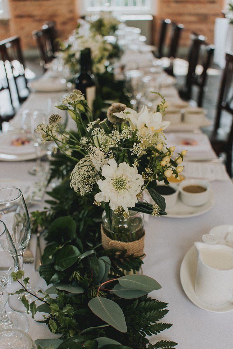 Foliage Table Runner Garland Jar Flowers Decor Centrepiece Industrial Cool Mill Greenery Wedding http://www.beckyryanphotography.co.uk/