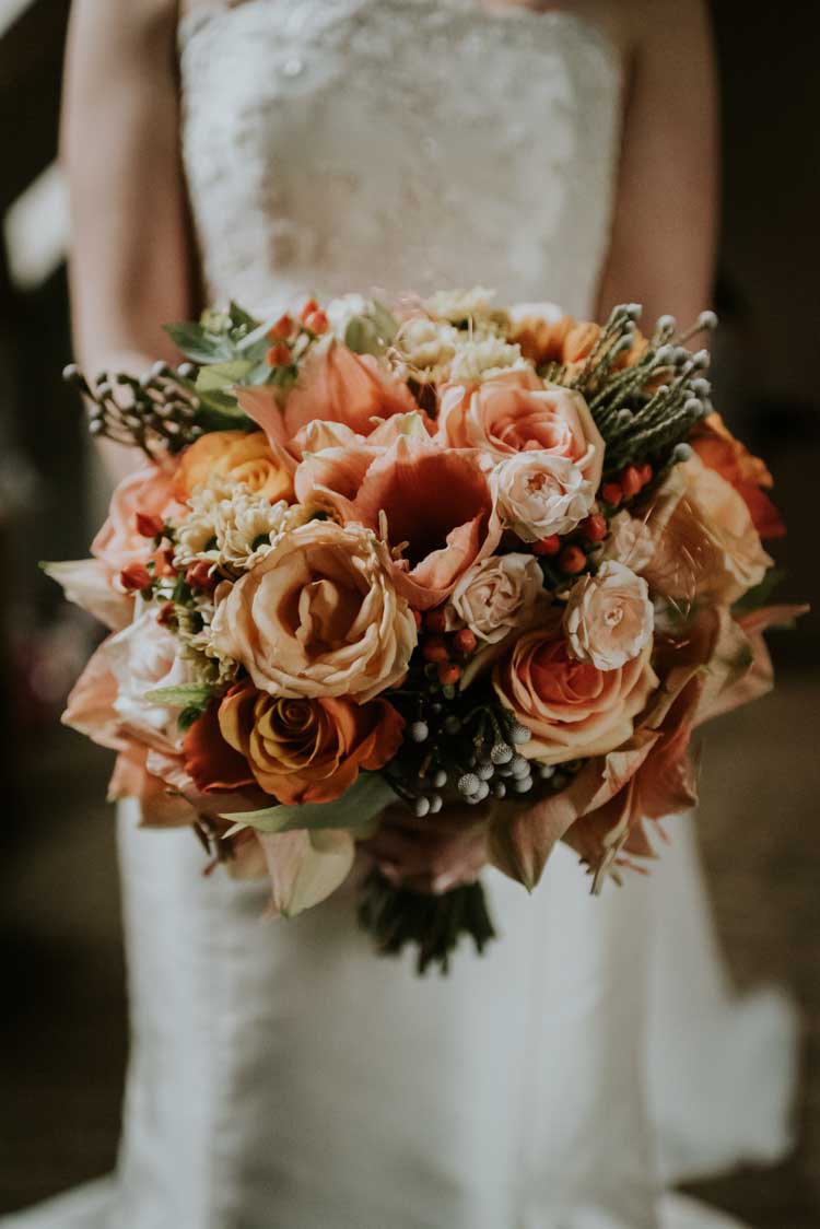 Bouquet Flowers Bride Bridal Pink Coral Rose Gold Autumn Barn Wedding http://www.weddingphotographyincheltenham.co.uk/