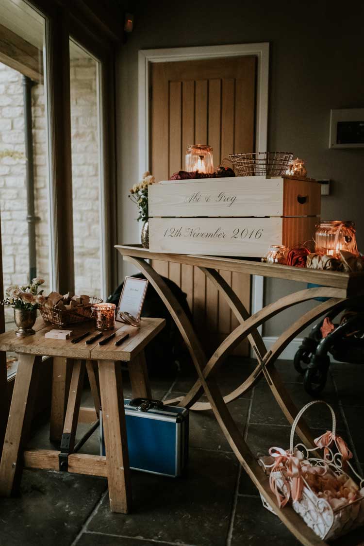 Personalised Card Box Crate Rose Gold Autumn Barn Wedding http://www.weddingphotographyincheltenham.co.uk/