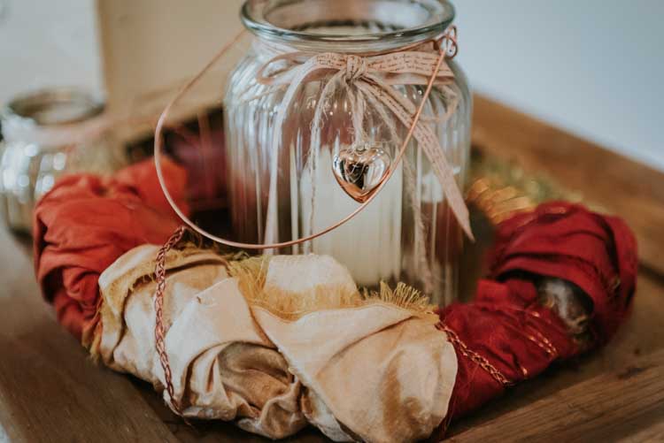 Jar Candle Rose Gold Autumn Barn Wedding http://www.weddingphotographyincheltenham.co.uk/