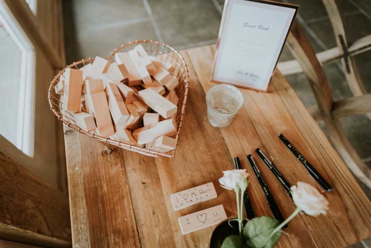 Jenga Guest Book Rose Gold Autumn Barn Wedding http://www.weddingphotographyincheltenham.co.uk/