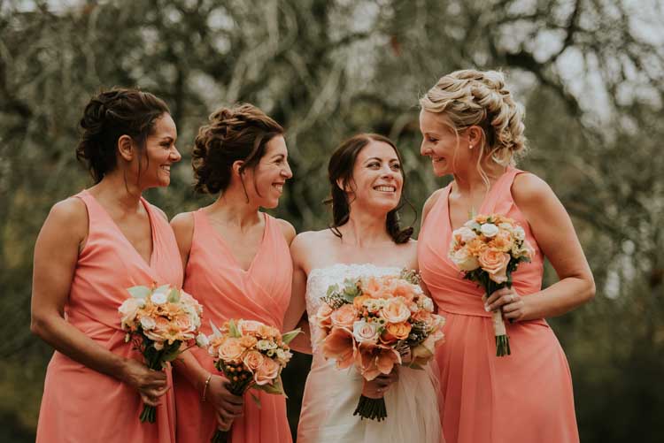 Coral Pink Bridesmaid Dresses Rose Gold Autumn Barn Wedding http://www.weddingphotographyincheltenham.co.uk/