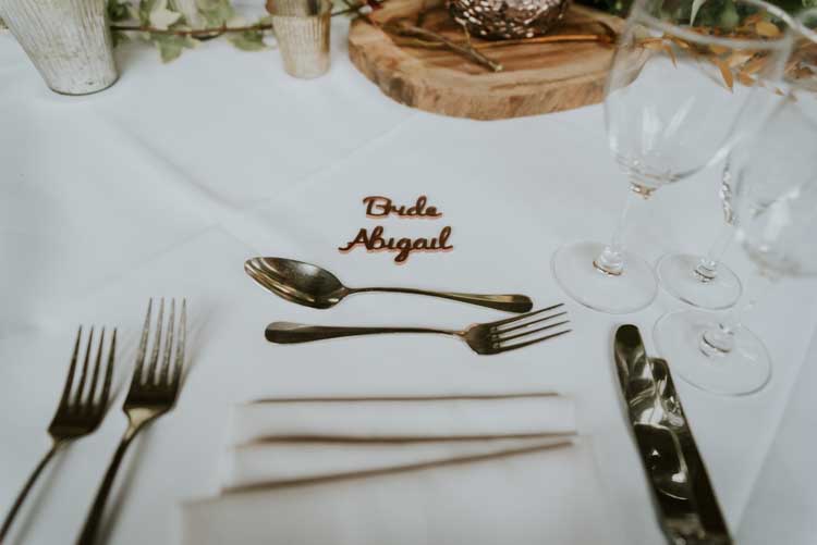 Wooden Cut Out Place Name Rose Gold Autumn Barn Wedding http://www.weddingphotographyincheltenham.co.uk/