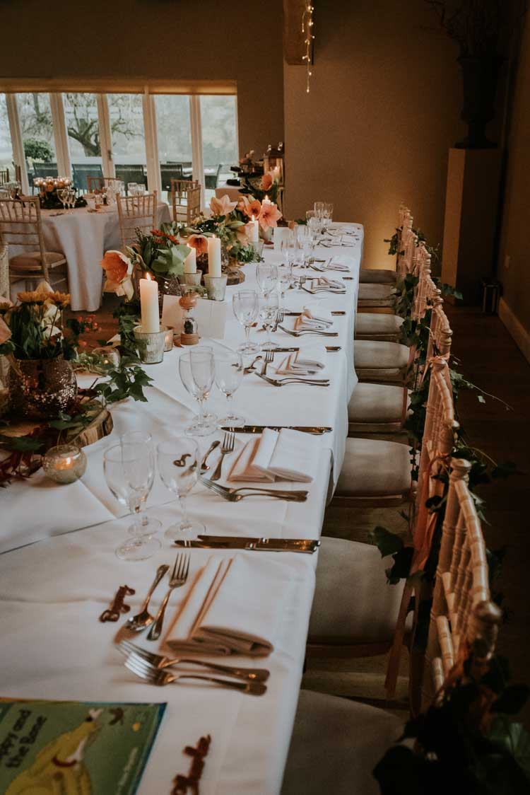 Table Decor Candles Flowers Rose Gold Autumn Barn Wedding http://www.weddingphotographyincheltenham.co.uk/
