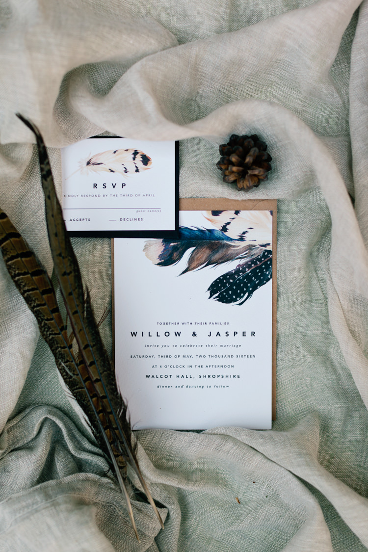 Feather Stationery Invitations Dreamy Woodlanders Folk Wedding Ideas http://www.jobradbury.co.uk/