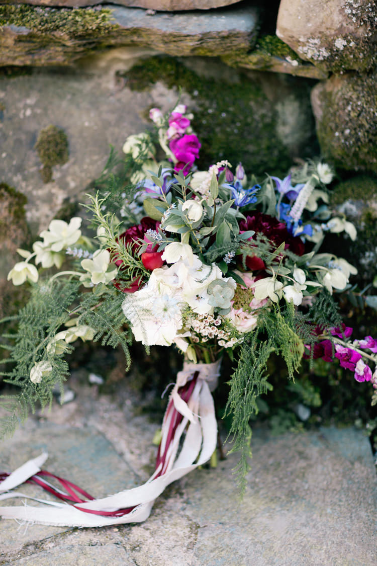 Bouquet Flowers Ribbons Feathers Red White Greenery Bride Bridal Dreamy Woodlanders Folk Wedding Ideas http://www.jobradbury.co.uk/