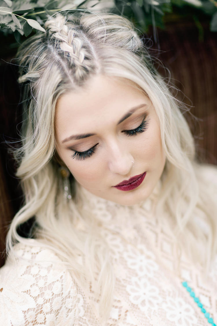 Make Up Bride Bridal Red Lip Plait Hair Dreamy Woodlanders Folk Wedding Ideas http://www.jobradbury.co.uk/