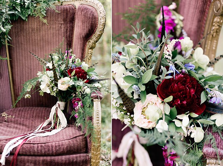 Bouquet Flowers Ribbons Feathers Red White Greenery Bride Bridal Dreamy Woodlanders Folk Wedding Ideas http://www.jobradbury.co.uk/