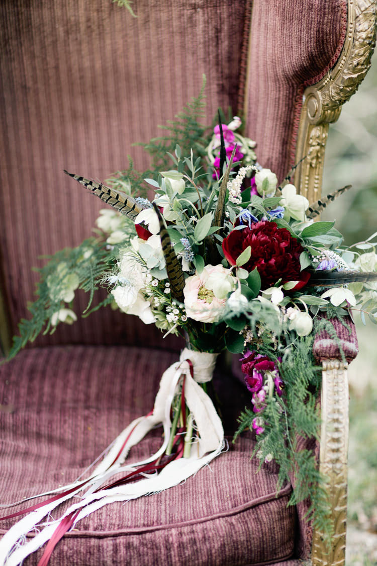 Bouquet Flowers Ribbons Feathers Red White Greenery Bride Bridal Dreamy Woodlanders Folk Wedding Ideas http://www.jobradbury.co.uk/