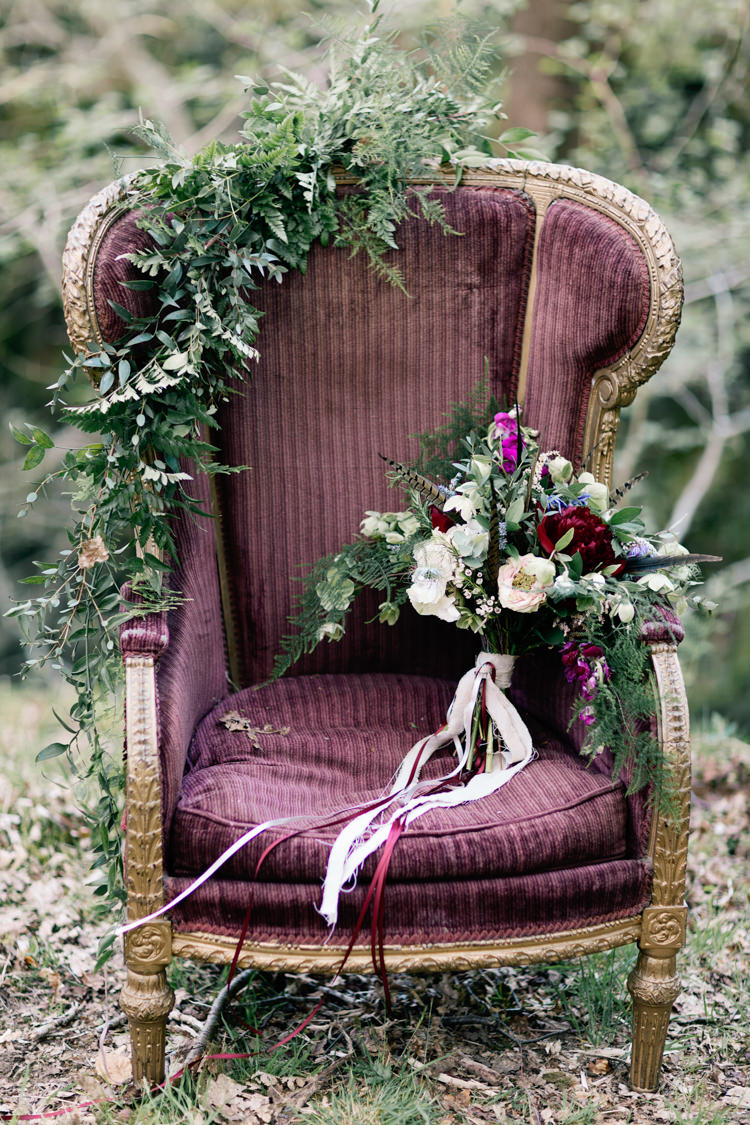 Chair Bouquet Flowers Ribbons Feathers Red White Greenery Bride Bridal Dreamy Woodlanders Folk Wedding Ideas http://www.jobradbury.co.uk/