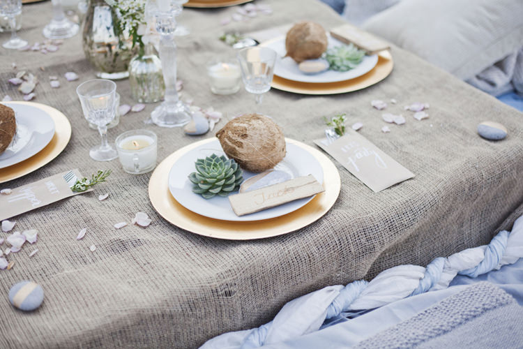 Decor Tablescape Hessian Coconut Succulent Driftwood Calligraphy Luxe Bohemian Beach Wedding Ideas http://www.zoeemilie.co.uk/