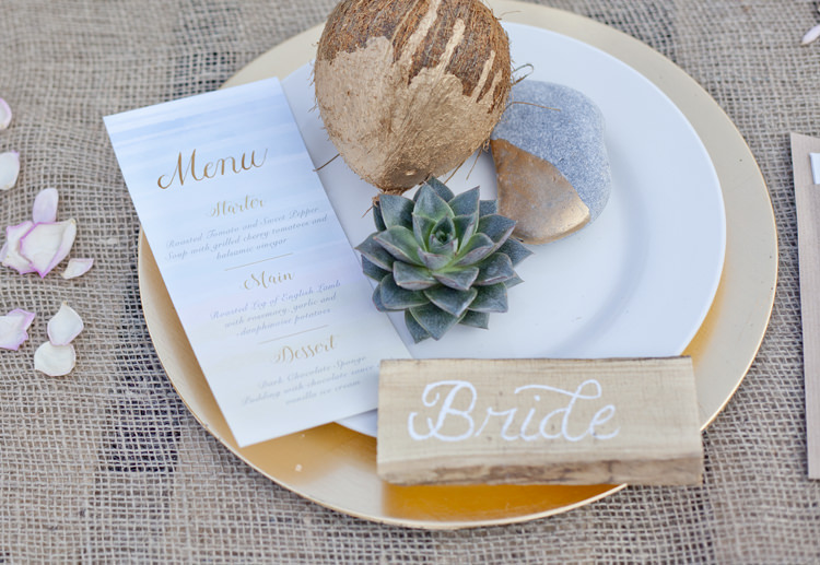 Decor Tablescape Hessian Coconut Succulent Driftwood Calligraphy Gold Dip Luxe Bohemian Beach Wedding Ideas http://www.zoeemilie.co.uk/