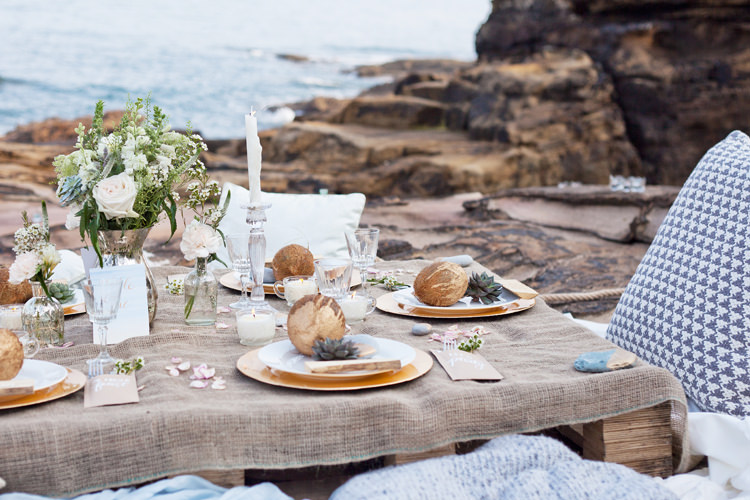 Decor Tablescape Hessian Coconut Succulent Driftwood Calligraphy Luxe Bohemian Beach Wedding Ideas http://www.zoeemilie.co.uk/