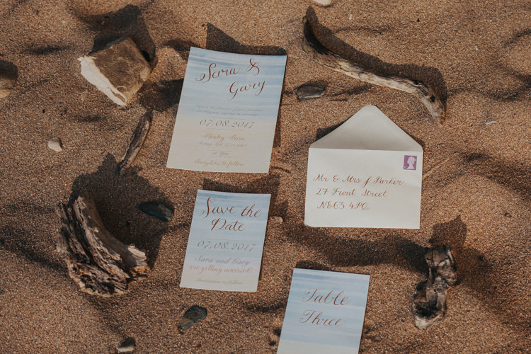 Watercolour Gold Blue Calligraphy Stationery Invitations Luxe Bohemian Beach Wedding Ideas http://www.zoeemilie.co.uk/