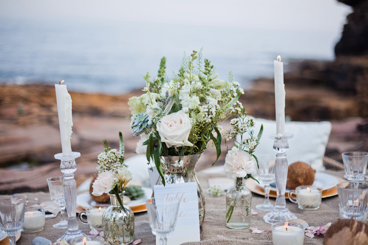 Decor Tablescape Hessian Coconut Succulent Driftwood Calligraphy Flowers Candles Luxe Bohemian Beach Wedding Ideas http://www.zoeemilie.co.uk/