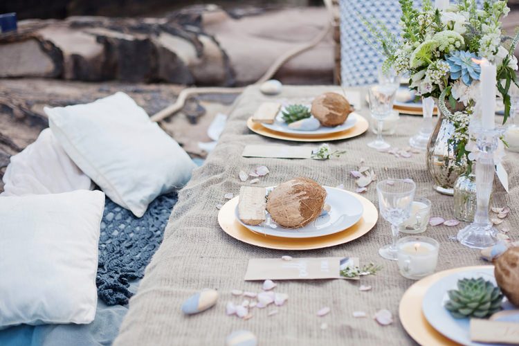 Decor Tablescape Hessian Coconut Succulent Driftwood Calligraphy Luxe Bohemian Beach Wedding Ideas http://www.zoeemilie.co.uk/