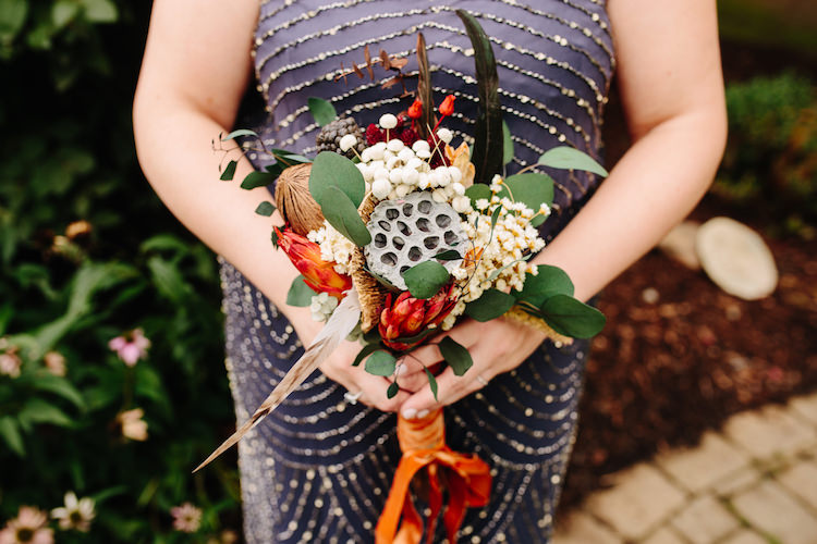 Bridesmaid Grey Sequin Dress Bouquet Dried Flowers Feathers Orange Antique Velvet Ribbon Art Nouveau Autumn Burgundy Wedding http://www.jbonadiophoto.com/