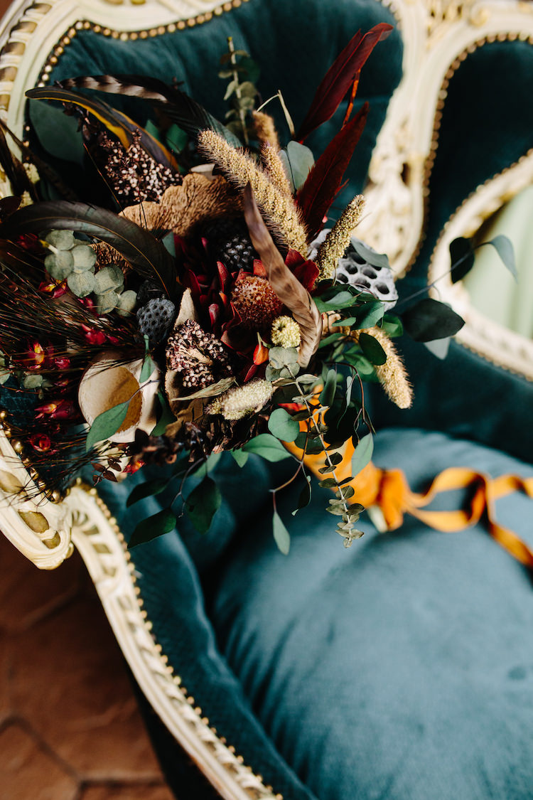 Bride Bouquet Dried Flowers Feathers Greenery Orange Antique Velvet Ribbon Vintage Green Chair Art Nouveau Autumn Burgundy Wedding http://www.jbonadiophoto.com/