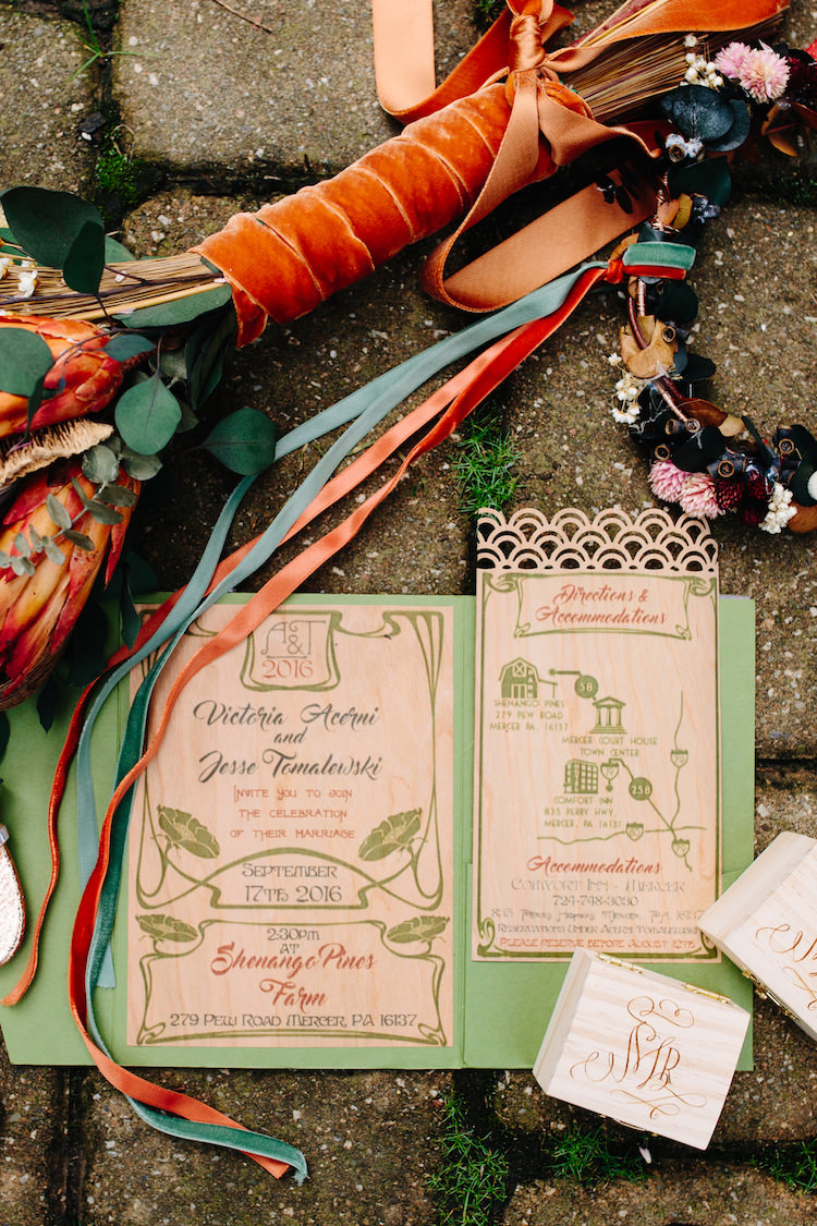 Wedding Stationery Invitation Information Cardboard Wood Bouquet Dried Flowers Feathers Orange Antique Ribbon Flower Crown Ribbons Art Nouveau Autumn Burgundy Wedding http://www.jbonadiophoto.com/