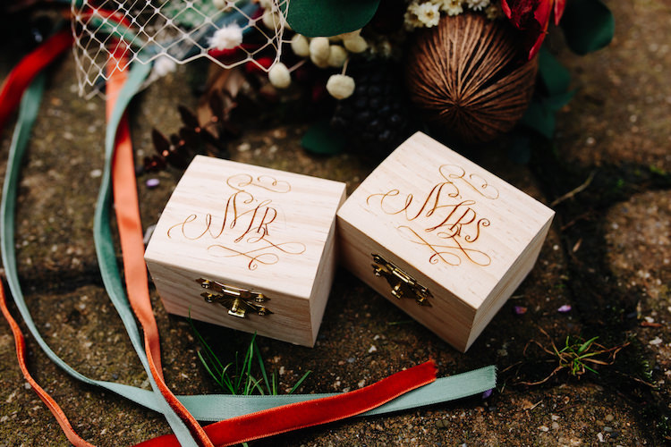 Wooden Mr Mrs Ring Boxes Calligraphy Dried Flower Bouquet Orange Green Velvet Ribbons Art Nouveau Autumn Burgundy Wedding http://www.jbonadiophoto.com/