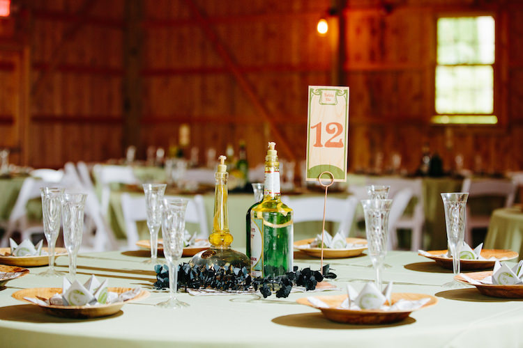 Table Setting Wooden Handmade Table Number Spirit Bottle Oil Lamps Greenery Origami Barn Reception Art Nouveau Autumn Burgundy Wedding http://www.jbonadiophoto.com/