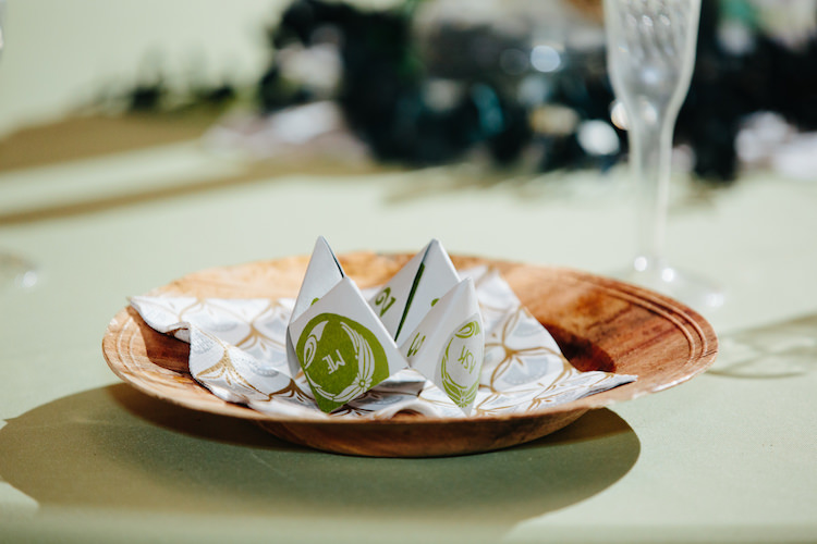 Table Setting Wooden Bowl Origami Champagne Flute Green Table Cloth Art Nouveau Autumn Burgundy Wedding http://www.jbonadiophoto.com/