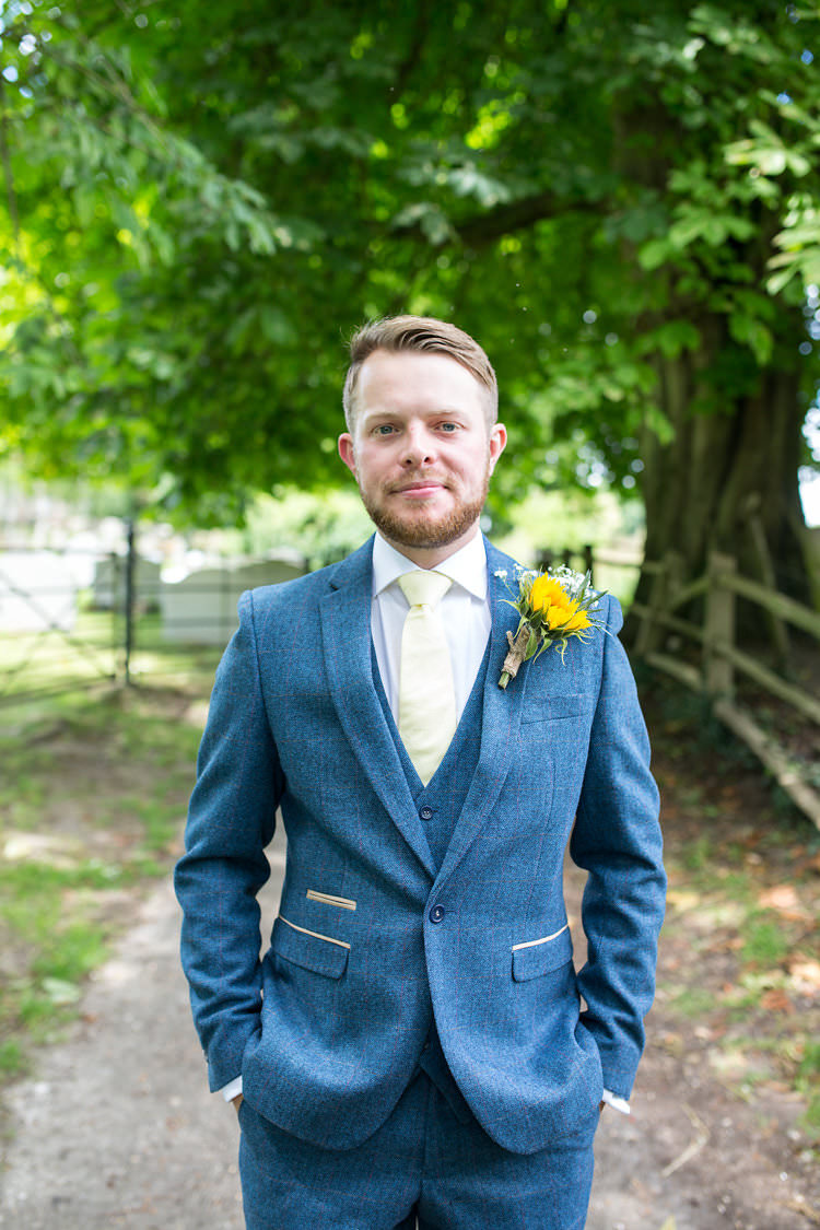 Blue Groom Tweed Suit Yellow Tie Buttonhole Summer Sunflowers Marquee Wedding http://maddiewaters.co.uk/