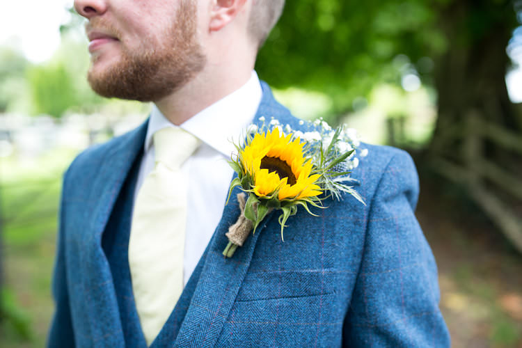 Buttonhole Groom Summer Sunflowers Marquee Wedding http://maddiewaters.co.uk/