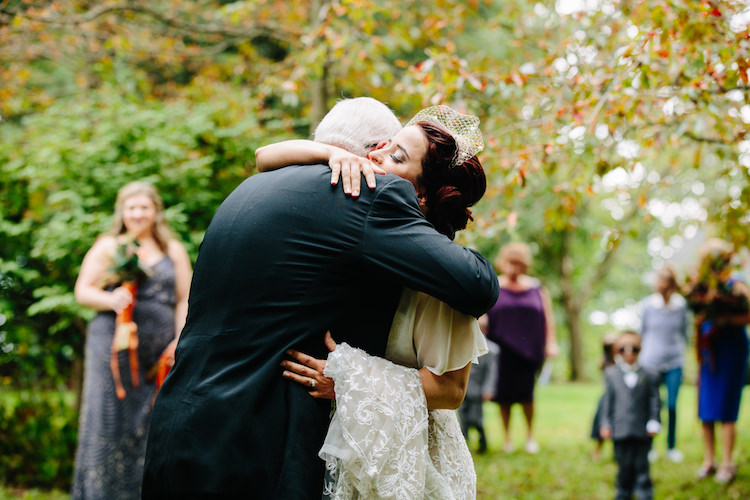 Bride Strapless Lace Watters Bridal Gown Birdcage Veil Father Hugs Bridesmaids Art Nouveau Autumn Burgundy Wedding http://www.jbonadiophoto.com/