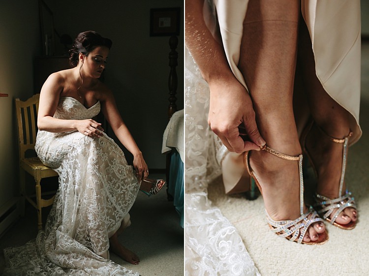 Bride Strapless Lace Watters Bridal Gown Sparkly Gold Silver High Heels Art Nouveau Autumn Burgundy Wedding http://www.jbonadiophoto.com/