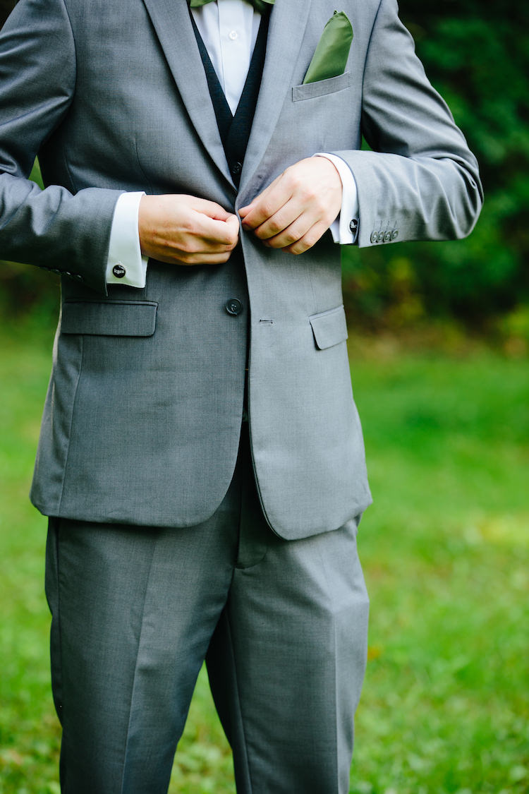 Groom Grey Suit Black Vest Green Pocket Square Art Nouveau Autumn Burgundy Wedding http://www.jbonadiophoto.com/