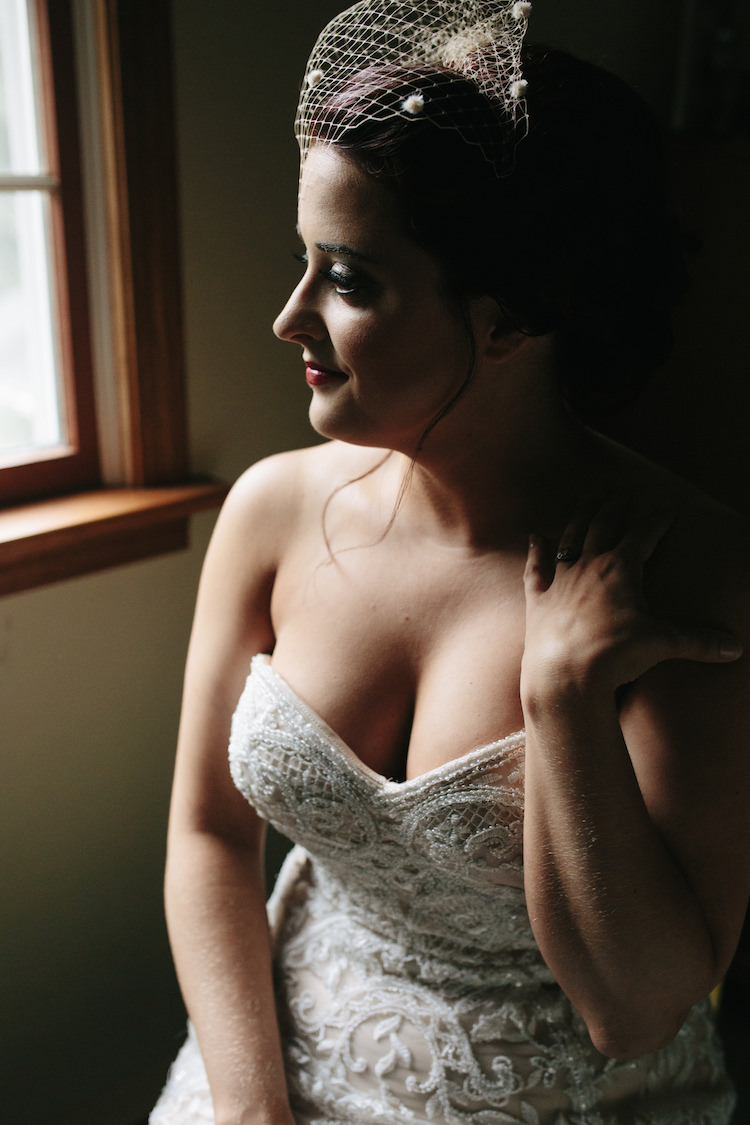 Bride Strapless Lace Watters Bridal Gown Birdcage Veil Smoky Eye Red Lip Makeup Art Nouveau Autumn Burgundy Wedding http://www.jbonadiophoto.com/
