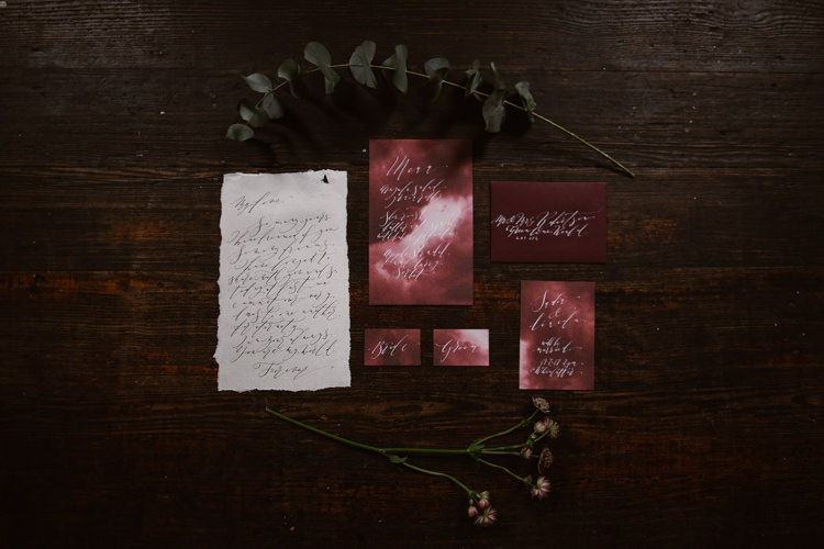Red Calligraphy Stationery Invitations Dark Romantic Urban Wedding Ideas http://www.agnesblack.com/