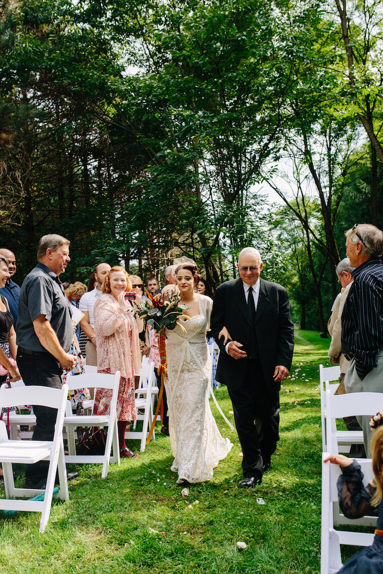 Outdoor Ceremony Bride Strapless Lace Watters Bridal Gown Sheer Top Birdcage Veil Bouquet Dried Flowers Feathers Orange Velvet Ribbon Father Guests Art Nouveau Autumn Burgundy Wedding http://www.jbonadiophoto.com/