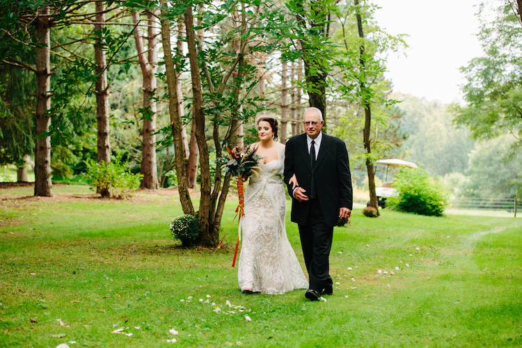 Outdoor Ceremony Bride Strapless Lace Watters Bridal Gown Sheer Top Birdcage Veil Bouquet Dried Flowers Feathers Orange Velvet Ribbon Father Art Nouveau Autumn Burgundy Wedding http://www.jbonadiophoto.com/