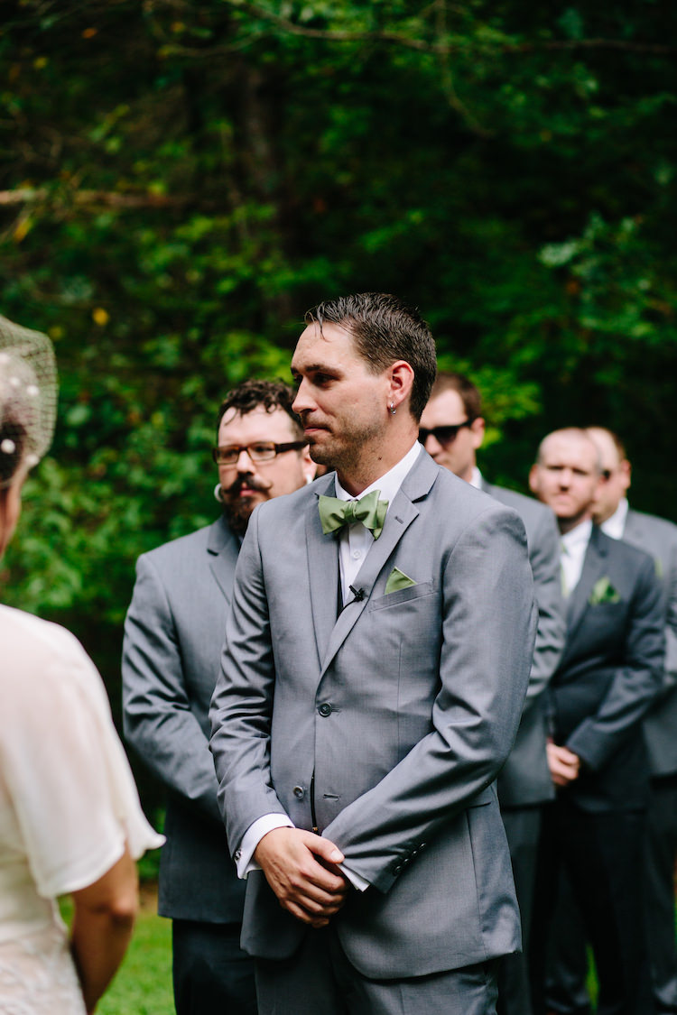Outdoor Ceremony Groom Grey Suit Green Bowtie Pocket Square Groomsmen Grey Suits Green Ties Art Nouveau Autumn Burgundy Wedding http://www.jbonadiophoto.com/