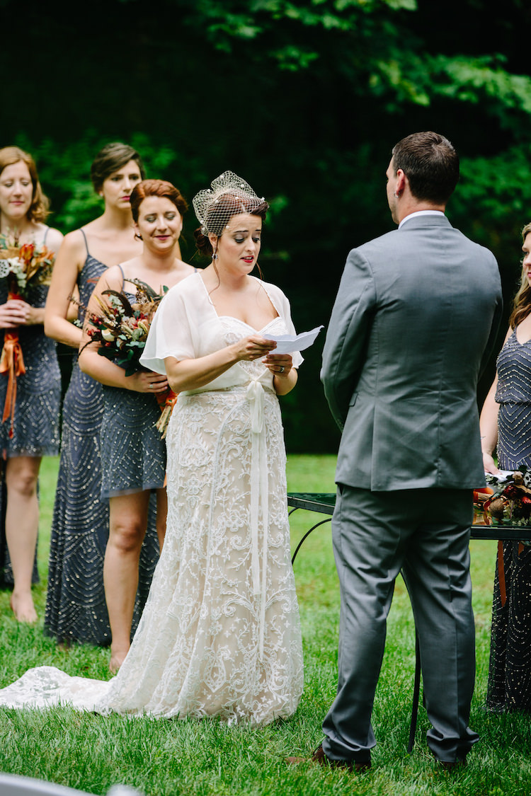 Outdoor Ceremony Bride Strapless Lace Watters Bridal Gown Sheer Top Birdcage Veil Groom Grey Suit Bridesmaids Grey Sequin Dresses Bouquets Dried Flowers Vows Art Nouveau Autumn Burgundy Wedding http://www.jbonadiophoto.com/