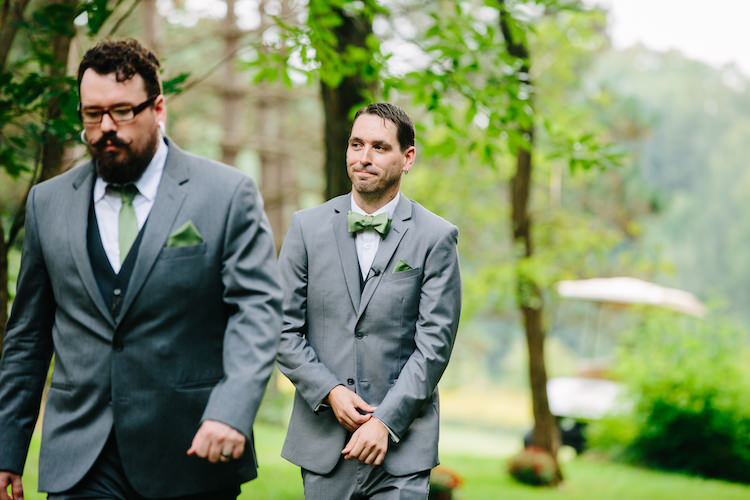 Outdoor Ceremony Groom Grey Suit Black Vest Green Bowtie Pocket Square Groomsman Grey Suit Green Tie Art Nouveau Autumn Burgundy Wedding http://www.jbonadiophoto.com/
