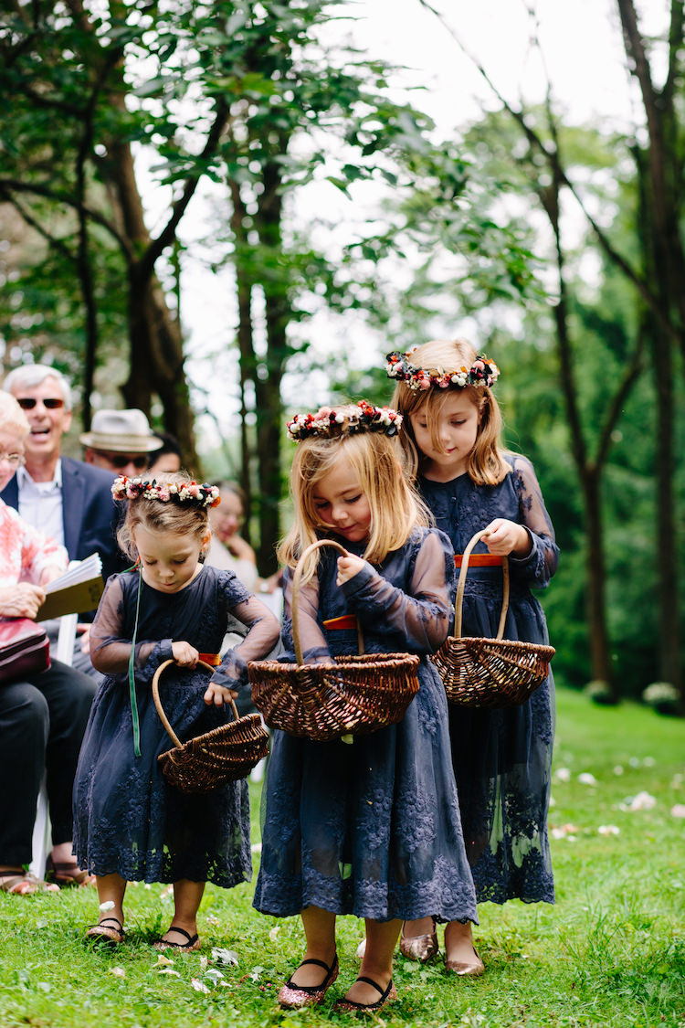 Flower Girls Charcoal Blue Lace Dresses Flower Crowns Baskets Guests Art Nouveau Autumn Burgundy Wedding http://www.jbonadiophoto.com/