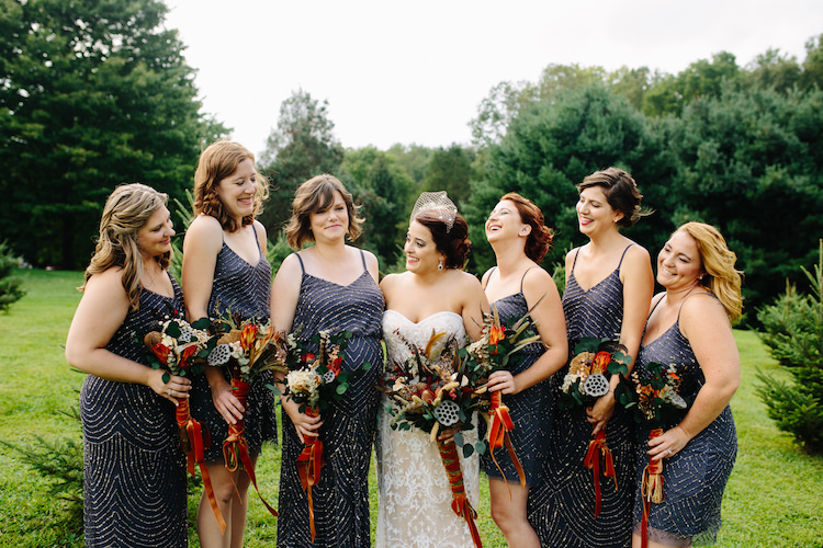 Bride Strapless Lace Watters Bridal Gown Birdcage Veil Dried Flowers Feathers Bouquet Orange Antique Ribbon Bridesmaids Grey Sequin Dresses Bouquets Art Nouveau Autumn Burgundy Wedding http://www.jbonadiophoto.com/