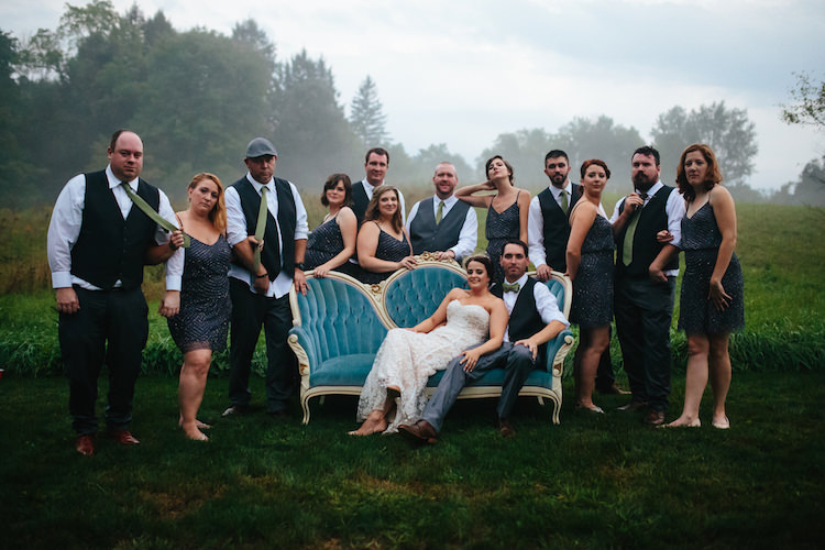 Bridal Party Antique Green Sofa Bride Strapless Lace Watters Bridal Gown Groom Black Vest Green Bowtie Bridesmaids Grey Sequin Dresses Groomsmen Black Vests Green Ties Art Nouveau Autumn Burgundy Wedding http://www.jbonadiophoto.com/