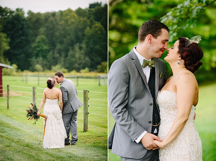 Bride Strapless Lace Watters Bridal Gown Birdcage Veil Art Deco Earrings Bouquet Dried Flowers Feathers Orange Velvet Ribbon Groom Grey Suit Black Vest Green Bowtie Pocket Square Art Nouveau Autumn Burgundy Wedding http://www.jbonadiophoto.com/