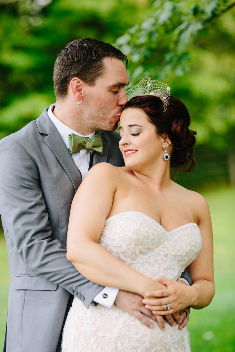 Bride Strapless Lace Watters Bridal Gown Birdcage Veil Art Deco Earrings Groom Grey Suit Black Vest Green Bowtie Pocket Square Art Nouveau Autumn Burgundy Wedding http://www.jbonadiophoto.com/