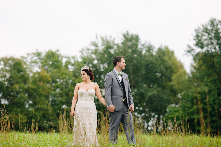 Bride Strapless Lace Watters Bridal Gown Birdcage Veil Art Deco Earrings Groom Grey Suit Black Vest Green Bowtie Pocket Square Art Nouveau Autumn Burgundy Wedding http://www.jbonadiophoto.com/