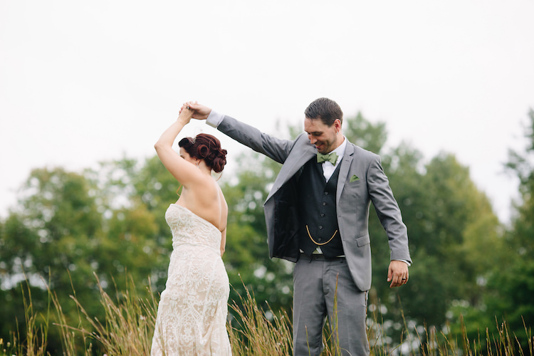 Bride Strapless Lace Watters Bridal Gown Birdcage Veil Art Deco Earrings Groom Grey Suit Black Vest Green Bowtie Pocket Square Art Nouveau Autumn Burgundy Wedding http://www.jbonadiophoto.com/