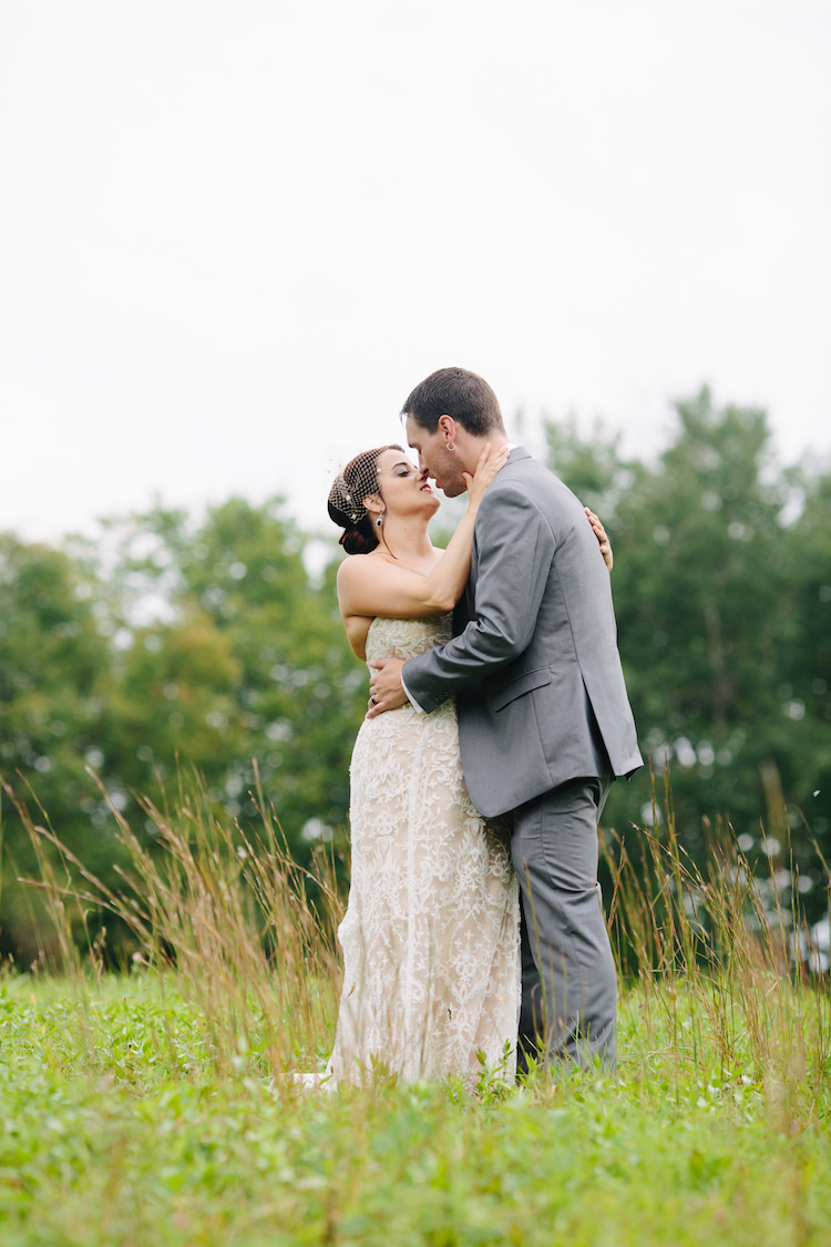Bride Strapless Lace Watters Bridal Gown Birdcage Veil Art Deco Earrings Groom Grey Suit Black Vest Green Bowtie Pocket Square Art Nouveau Autumn Burgundy Wedding http://www.jbonadiophoto.com/