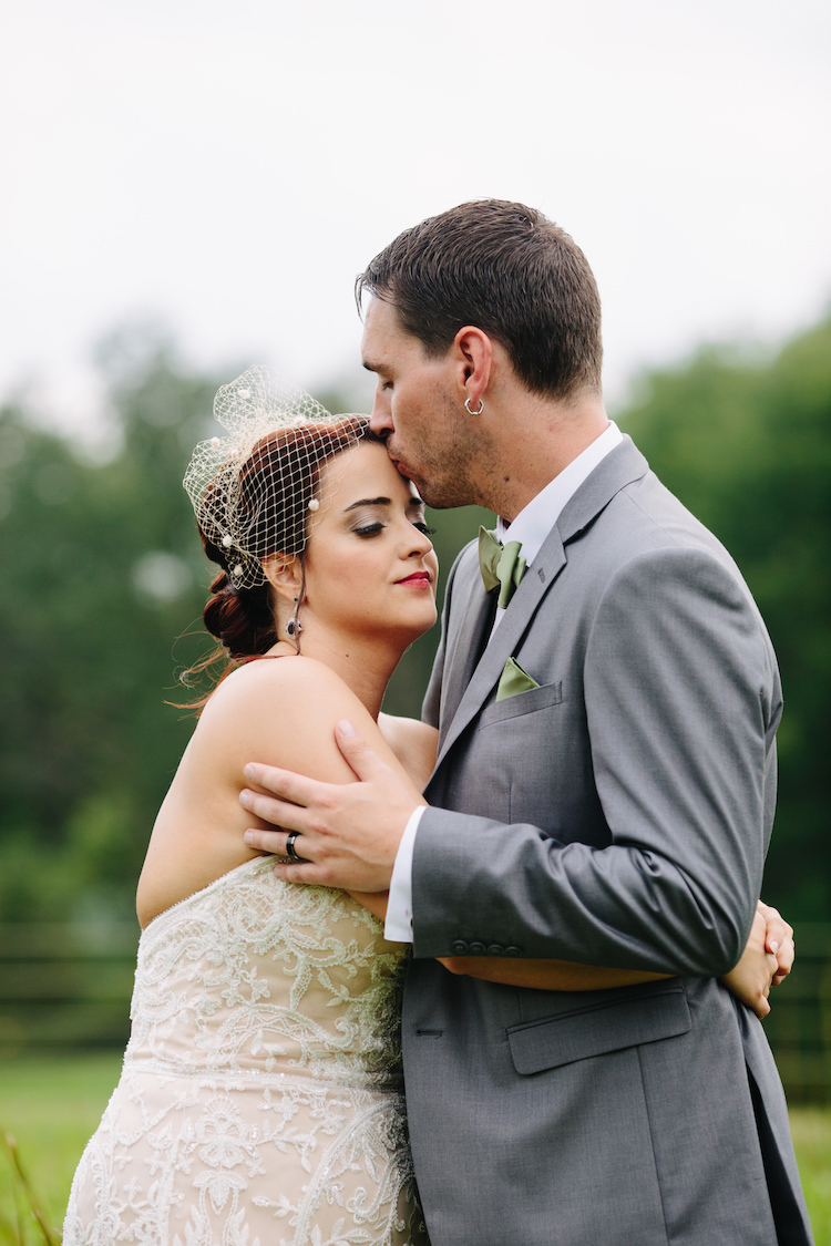 Bride Strapless Lace Watters Bridal Gown Birdcage Veil Art Deco Earrings Groom Grey Suit Black Vest Green Bowtie Pocket Square Art Nouveau Autumn Burgundy Wedding http://www.jbonadiophoto.com/