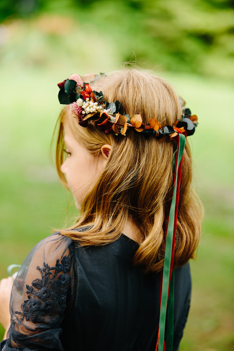 Flower Girl Charcoal Lace Dress Flower Crown Green Red Ribbon Art Nouveau Autumn Burgundy Wedding http://www.jbonadiophoto.com/