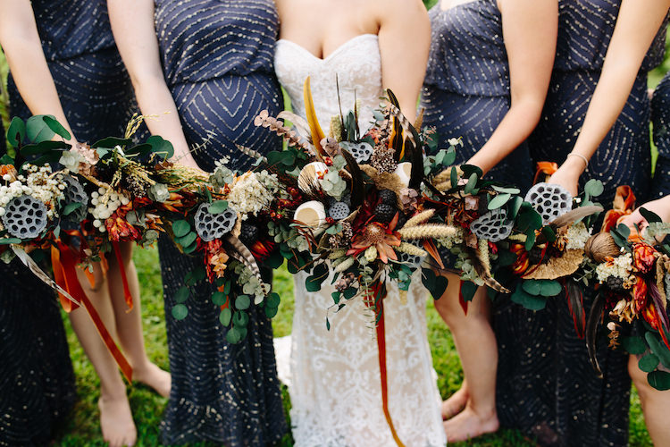 Bride Strapless Lace Watters Bridal Gown Bridesmaids Grey Sequin Dresses Bouquets Dried Flowers Feathers Antique Orange Velvet Ribbon Art Nouveau Autumn Burgundy Wedding http://www.jbonadiophoto.com/